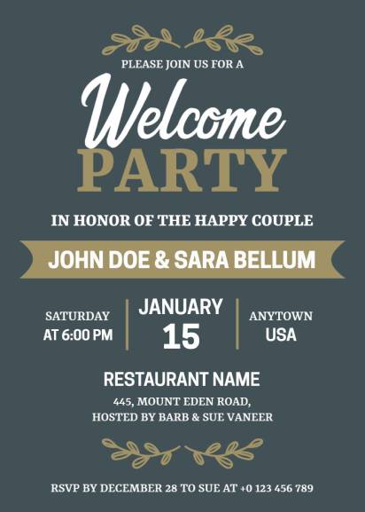 Elegant green and gold welcome party invitation for couple