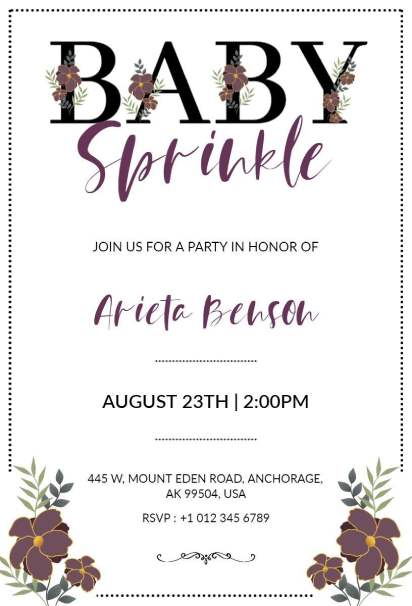 elegant baby sprinkle invitation template with black and purple floral accents on a white layout