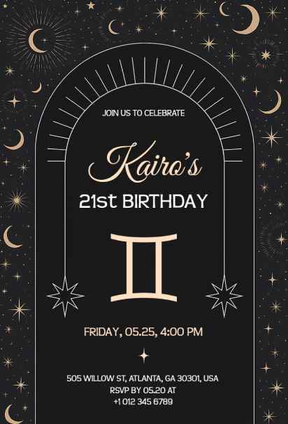 black and gold birthday invitation with Gemini zodiac sign and celestial theme
