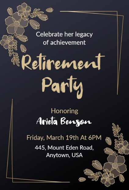 Elegant gold floral retirement party formal invitation template