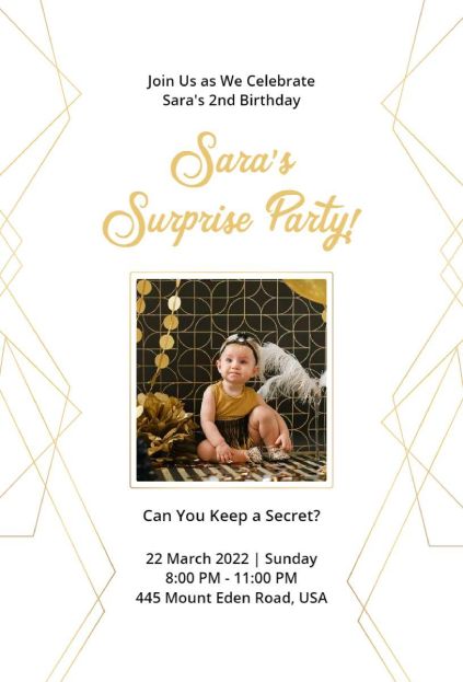 Elegant gold-geometric surprise party invitation template featuring a child’s photo