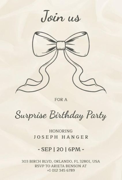 elegant surprise birthday party invitation template with bow design for Joseph Hanger
