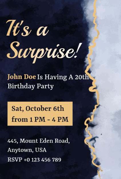 Elegant navy and gold formal invitation template for surprise celebrations