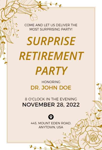 Gold floral surprise retirement party invitation template in a clean layout