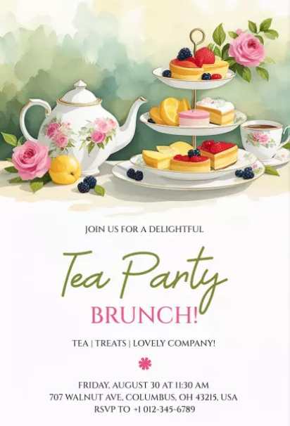 spring brunch invitation template with tea party watercolor desserts