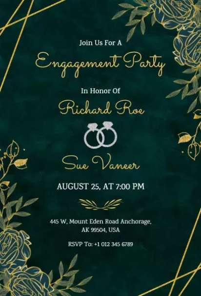 Timeless engagement invitation template with emerald tones and gold floral accents