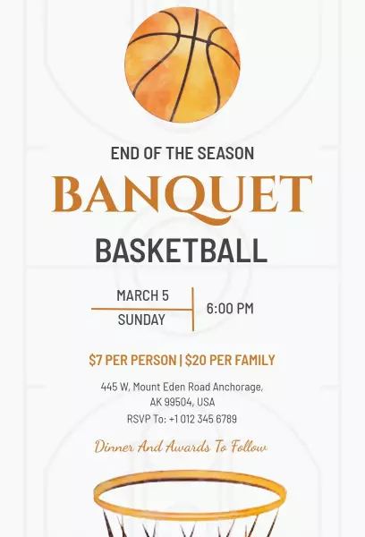 End of season basketball banquet invitation template with watercolor basketball