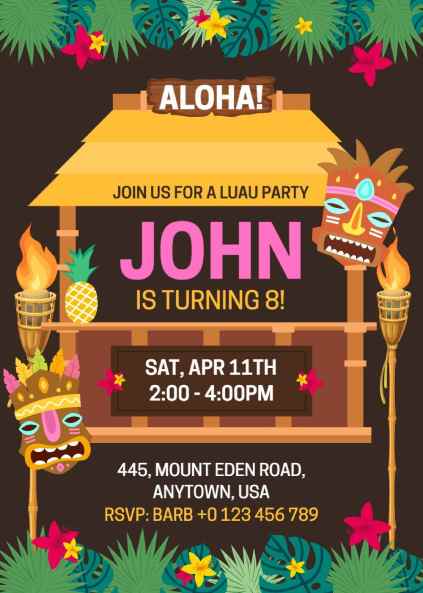 Fun Luau kids’ birthday invitation with tiki hut and bright tropical decorations