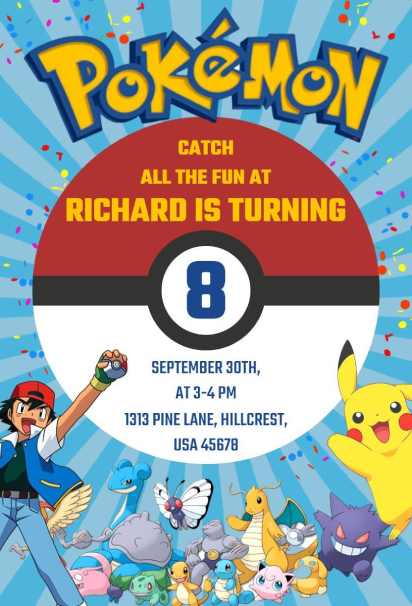 Epic Pokemon birthday invitation template featuring multiple Pokémon and confetti
