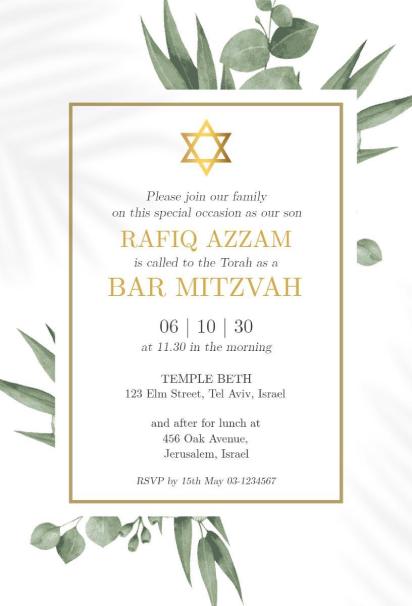 Nature-inspired Bar Mitzvah invitation template with eucalyptus greenery