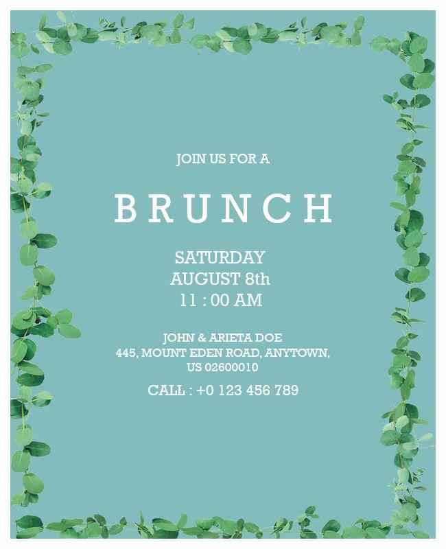 Eucalyptus garden brunch invitation template with turquoise background and white florals