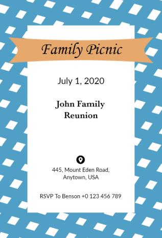 Family reunion picnic invitation template with a clean blue patterned background