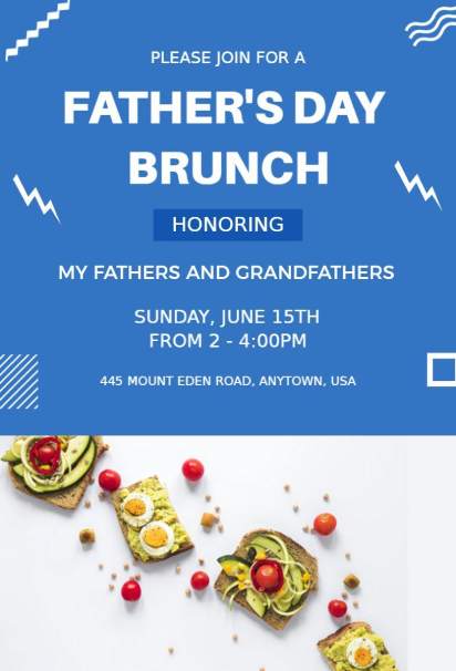 Father’s Day brunch invitation template with blue geometric accents and food images