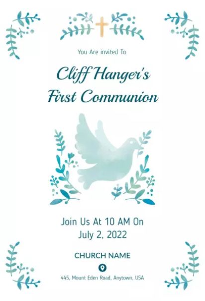 First Communion teal botanical dove church invitation template