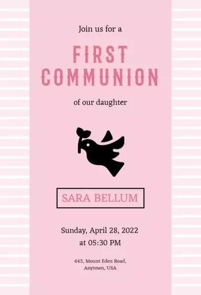 First Communion Daughter pink-striped dove church invitation template