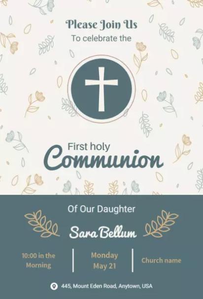 First Holy Communion Daughter teal and gold church invitation template