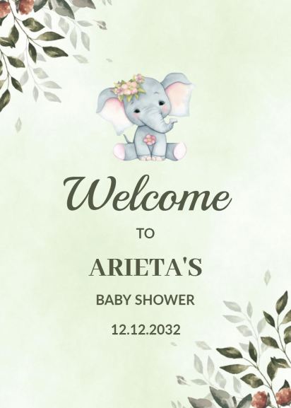 Cute elephant baby shower welcome party invitation with floral accents