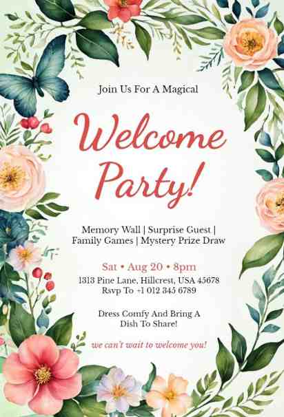 Floral welcome party invitation with watercolor flowers and greenery