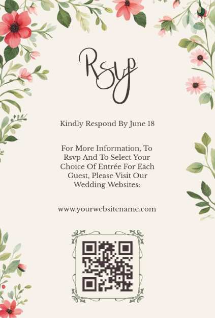 Floral QR code wedding RSVP invitation template with blush roses surrounding a QR code