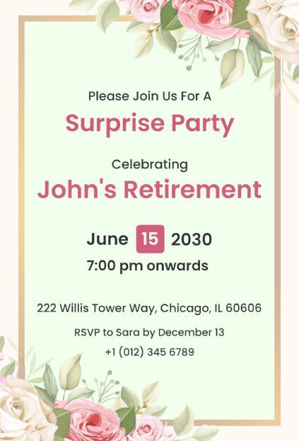 Floral retirement surprise party invitation template with pink and cream roses