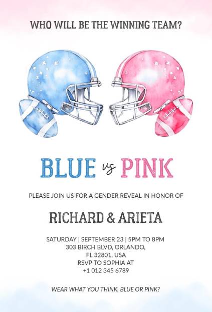 Fun “Blue vs Pink” football-themed gender reveal invitation design