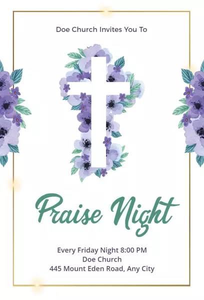 Friday Praise Night purple floral white cross church invitation template