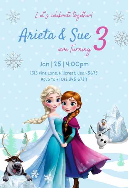 Sister-themed Frozen birthday invitation template featuring both Frozen sisters