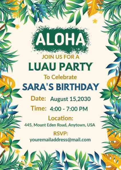 Vibrant Hawaiian Luau birthday invitation featuring lush green leaves and bold typography