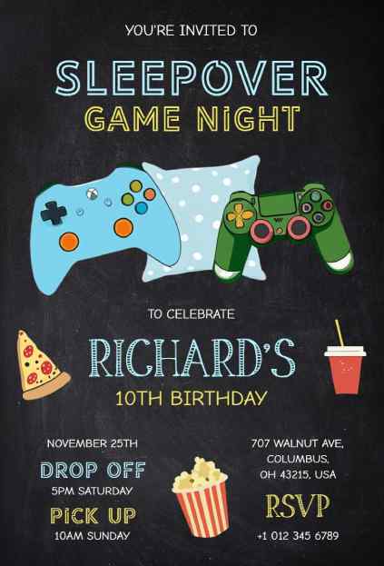 game night sleepover invitation template with colorful game controllers and chalkboard background