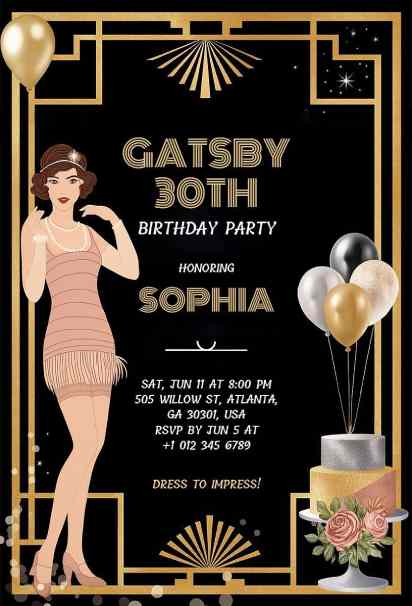 black and gold birthday invitation with Gatsby theme and vintage flapper design