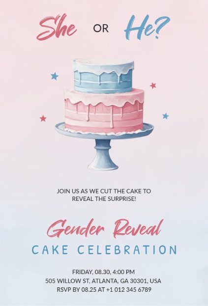 Cute pink and blue cake-themed invitation for a gender reveal party