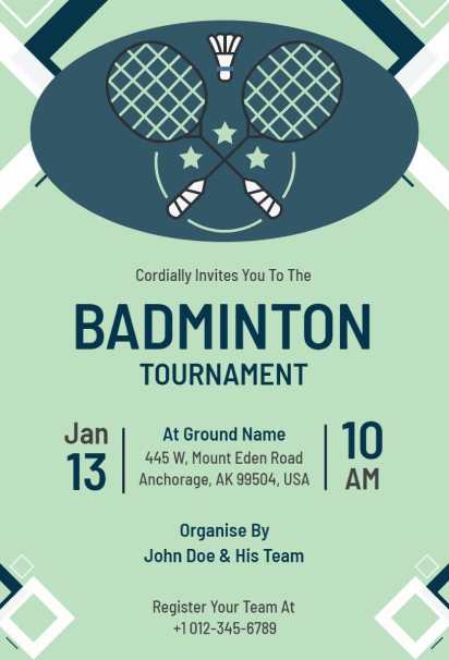 Geometric badminton sports invitation template with mint green and navy racquet design