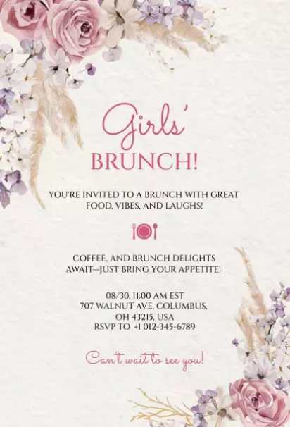 Spring brunch invitation template with blush florals for girls’ brunches