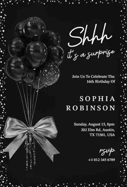 Elegant black balloon design used in a surprise party invitation template