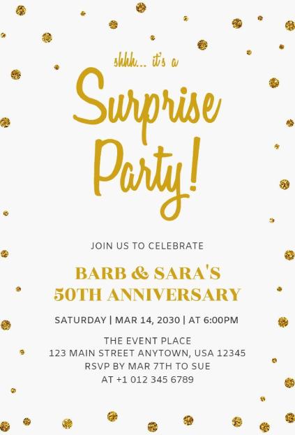 Gold-dotted anniversary surprise party invitation template in white and gold