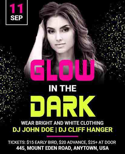 Black and neon glow in the dark invitation with bold yellow text