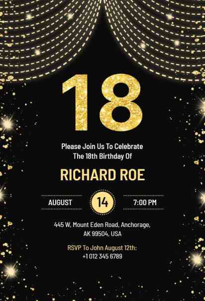 black and gold birthday invitation with bold number 18 and glitter lights