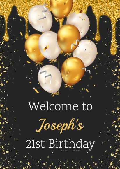 Black and gold birthday welcome party invitation with balloons