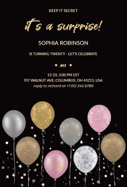 Black balloons design surprise party invitation template with gold and pink glitter accents