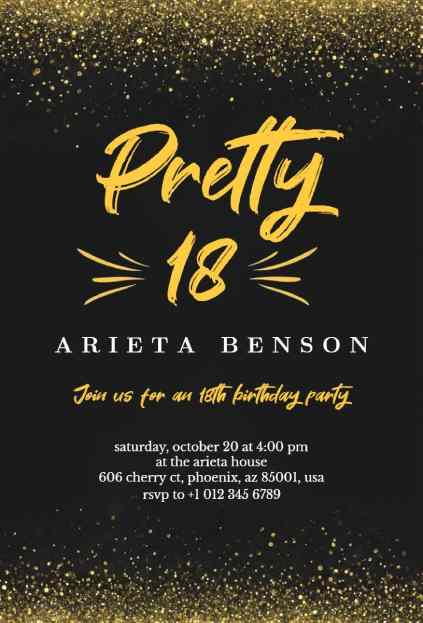 black and gold birthday invitation with gold glitter and “Pretty 18” text