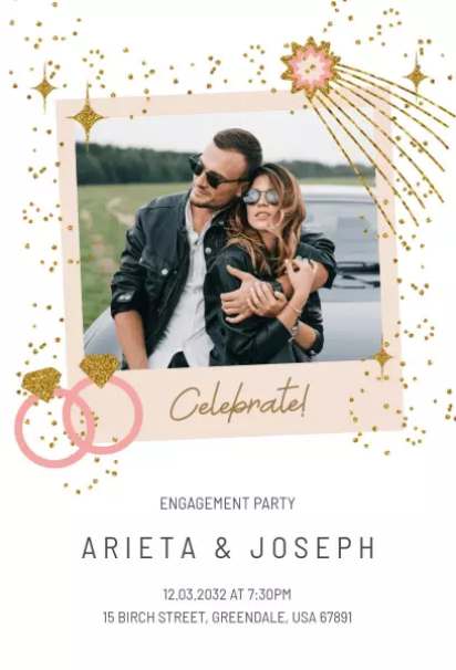 Festive engagement invitation template with gold glitter accents and playful details