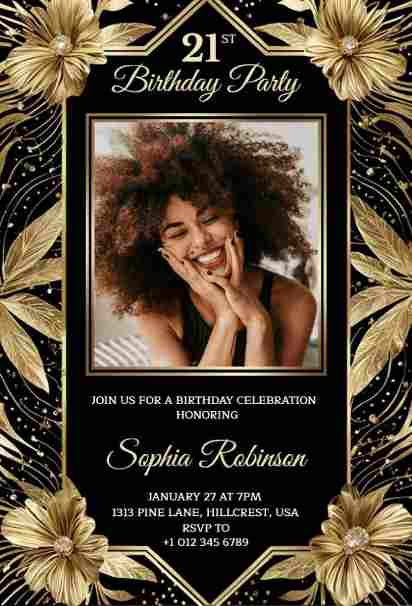 black and gold birthday invitation with floral frame and portrait