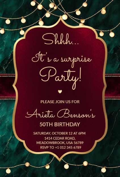 Elegant green and burgundy surprise party invitation template with gold lights