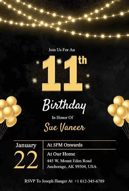 black and gold birthday invitation with string lights and gold balloons