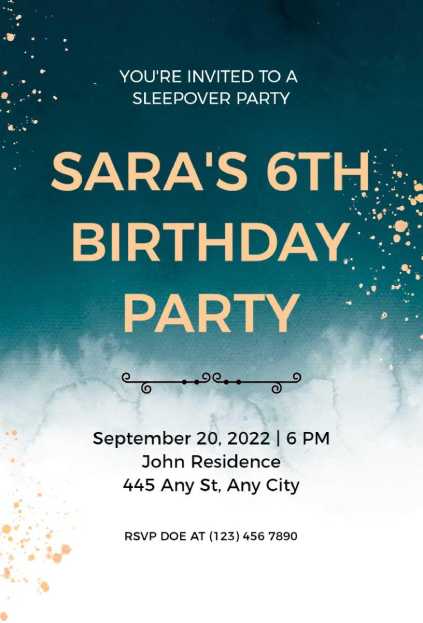 golden watercolor sleepover invitation template with teal-to-white gradient and gold accents