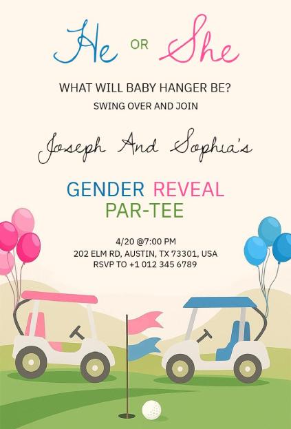 Fun golf-inspired gender reveal “Par-Tee” invitation with pink and blue golf carts