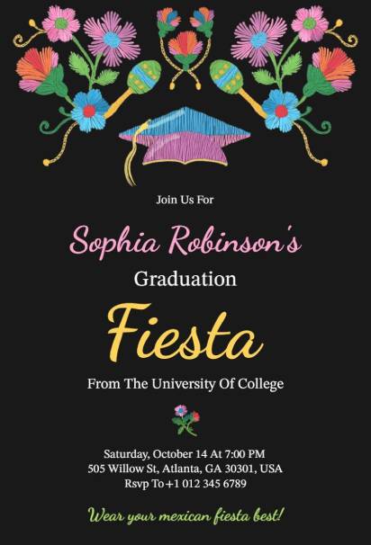 Elegant black fiesta invitation template for a graduation celebration