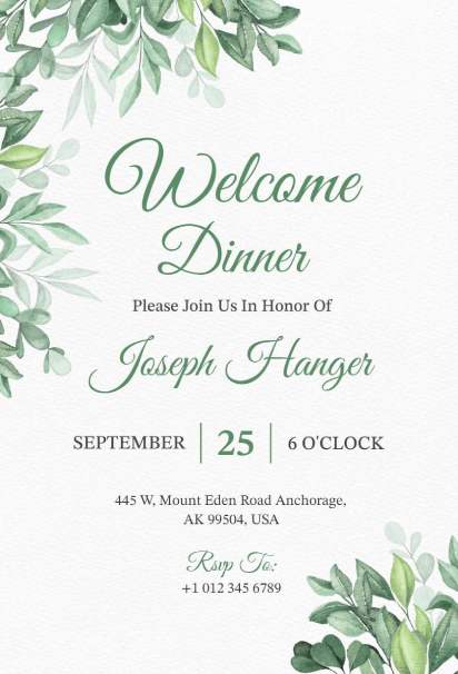 Green leaf welcome dinner party invitation with elegant typography