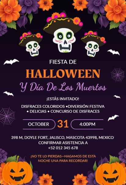 Spooky Halloween and Día de los Muertos fiesta invitation template with skulls and pumpkins