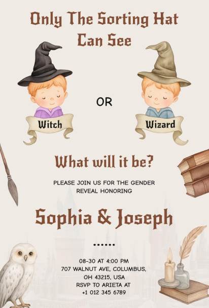 Harry Potter–themed gender reveal invite with witch or wizard design